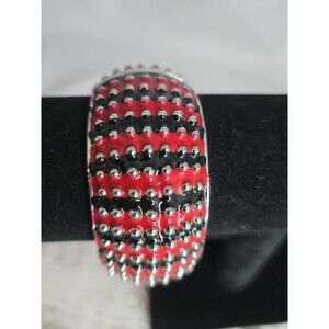 Silver Tone Red Black Enamel Studded Clamper Bangle Chunky Cuff Bracelet #228